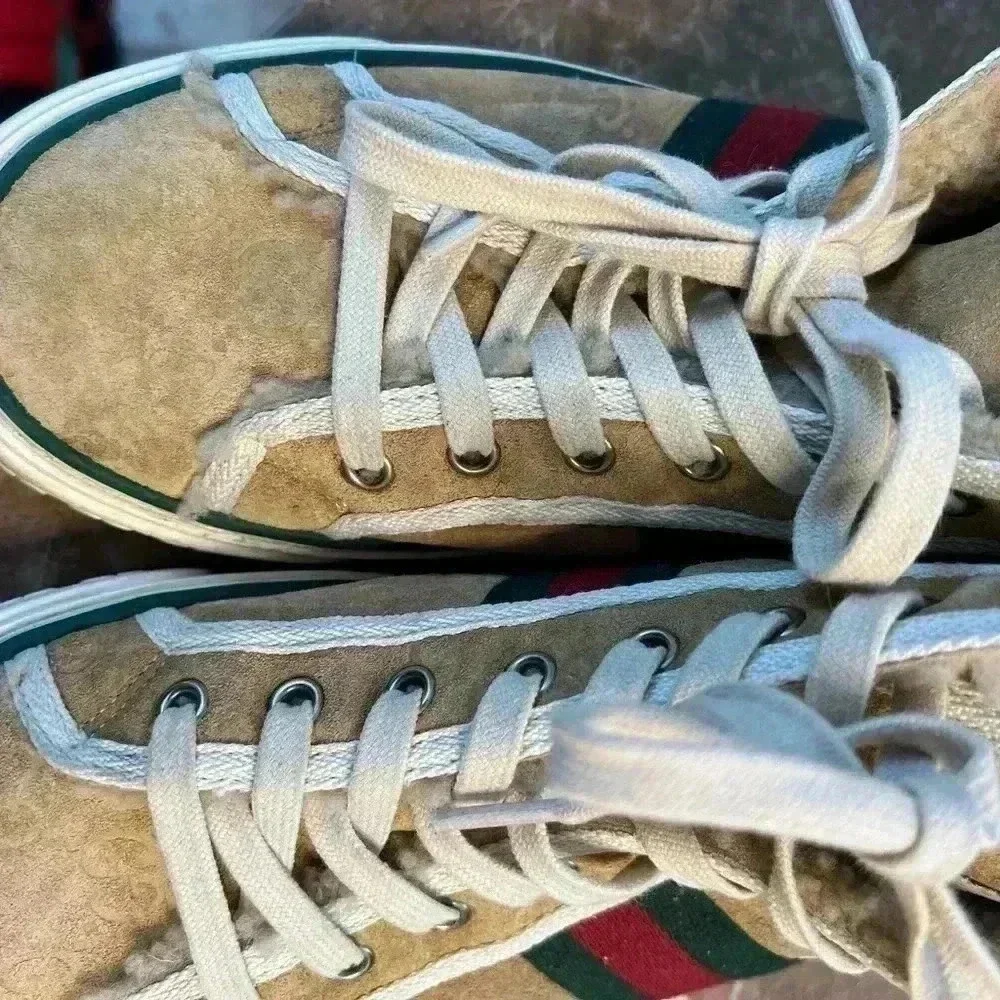 GUCCI Tennis 1977 High Top Sneaker Beige Suede/Shearling AUTHENTIC Size 10 US